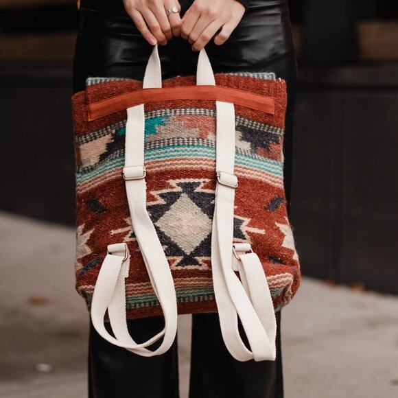 Rust, Brown, Tan, Turquoise Western Southwest Aztec Wool and Cotton Backpack - Picture 3 of 4